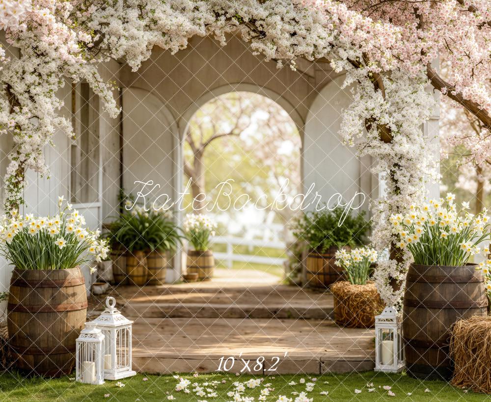 Kate Spring Flower Arch Spring Porch Barrels Daffodils Printed Backdrop Designed by Emetselch
