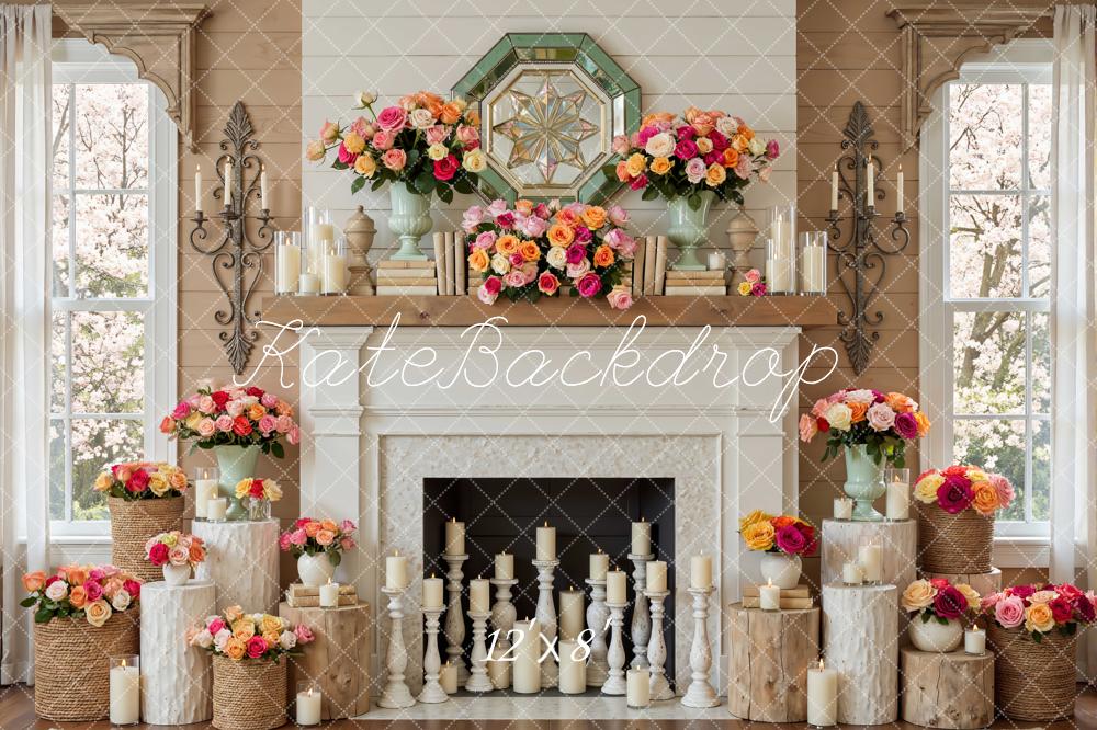 Kate Spring Fireplace Floral Roses Candles Printed Backdrop Designed by Mini MakeBelieve