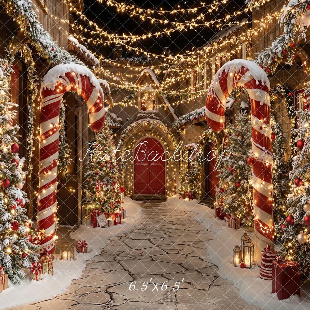 Kate Christmas Candy Cane Snowy Village Lights Backdrop Designed by Emetselch