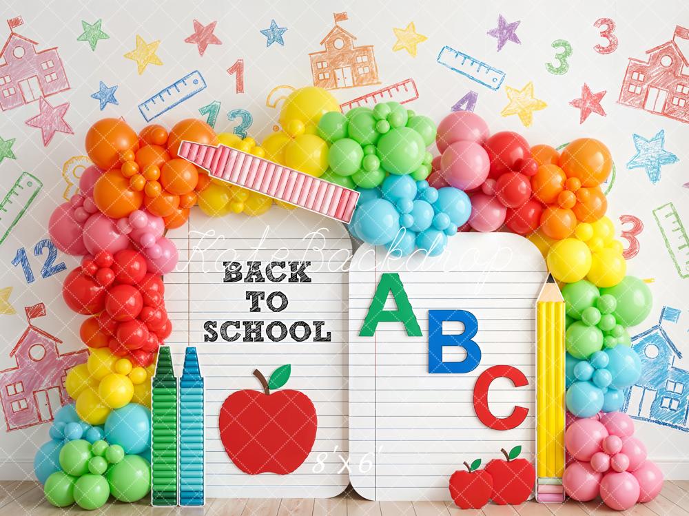 Kate Back to School Rainbow Balloons Crayons Apple Notebook Printed Backdrop Designed by Emetselch