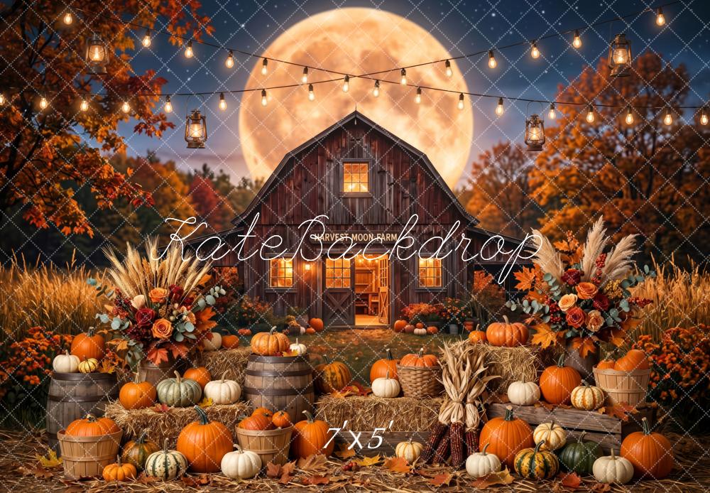 Kate Fall Harvest Barn Pumpkins Full Moon String Lights Printed Backdrop Designed by Patty Roberts