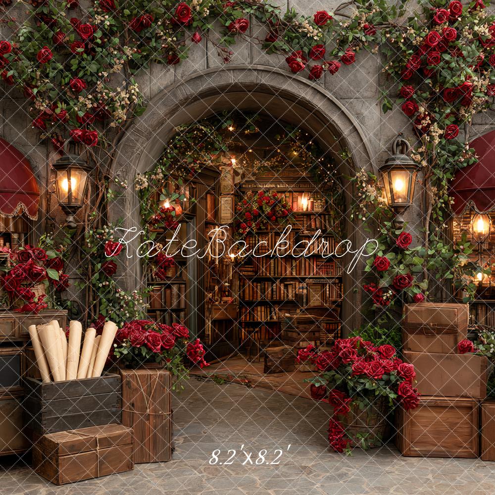 Kate Valentine's Day Vintage Library Archway Red Roses Bookshelves Lanterns Backdrop Designed by Ashley Paul