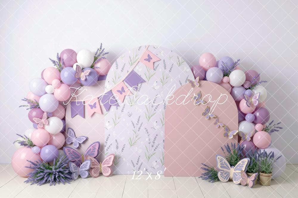 Kate Birthday Pastel Purple Balloon Arch Butterfly Lavender Panels Printed Backdrop Designed by Mini MakeBelieve