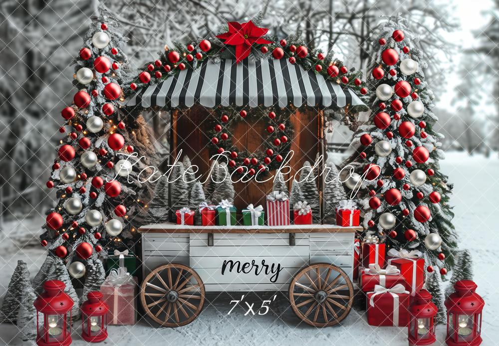 Carrito de Regalo de Chocolate Caliente de Navidad Fondo de Bosque de Árboles Nevados Designed by Mini MakeBelieve