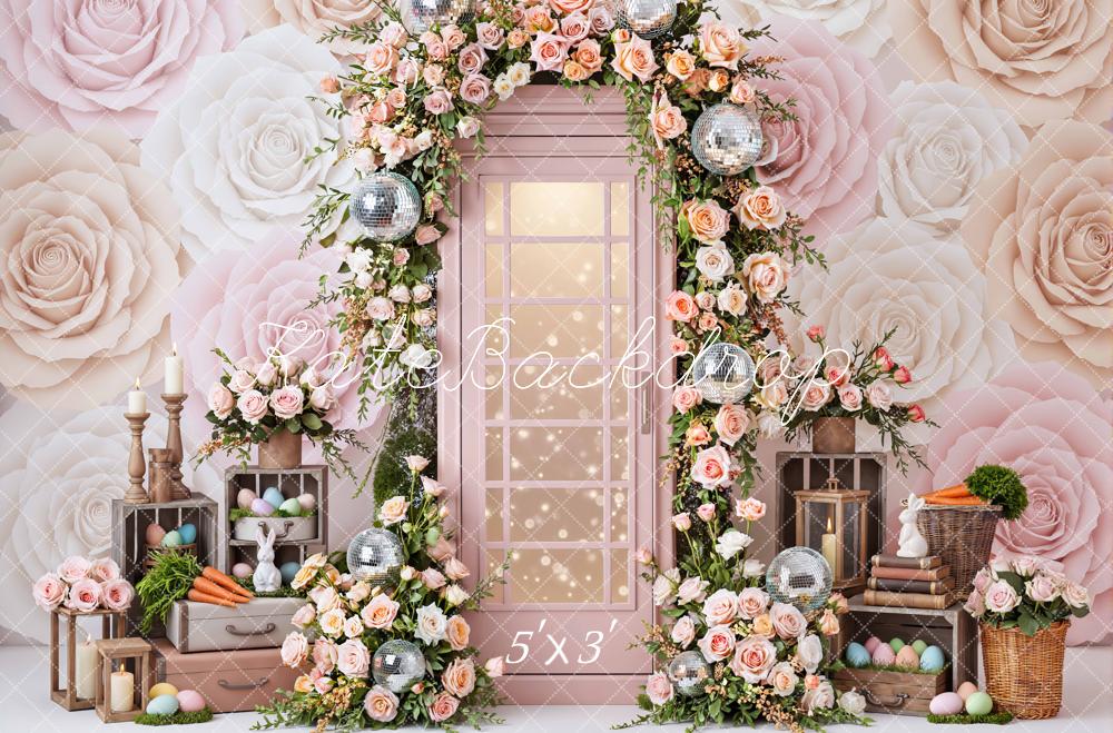 Kate Easter Bunny Flower Arch Pastel Roses Printed Backdrop Designed by Mini MakeBelieve