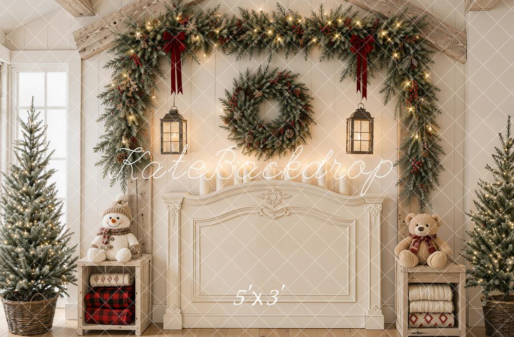 Kate Christmas Headboard Garland Wreath Snowman Trees White Printed Backdrop Designed by Emetselch