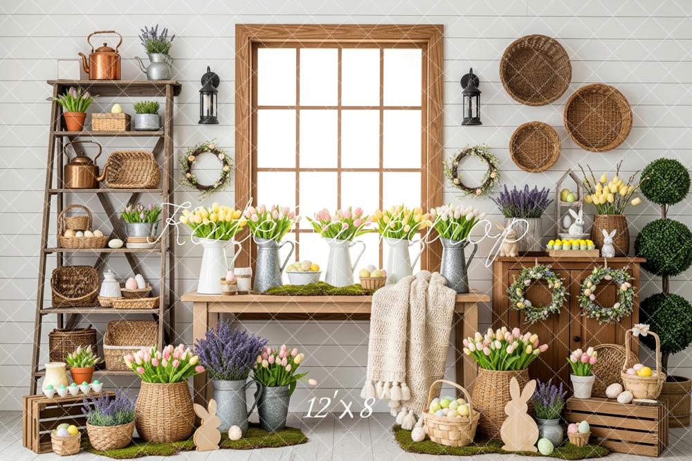 Kate Easter Bunny Flowers Tulips Baskets Pastel Eggs Printed Backdrop Designed by Patty Roberts
