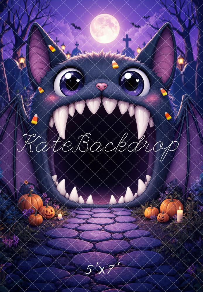 Kate Halloween Trunk or Treat Purple Bat Monster Pumpkins Cobblestone Printed Backdrop Designed by Mini MakeBelieve