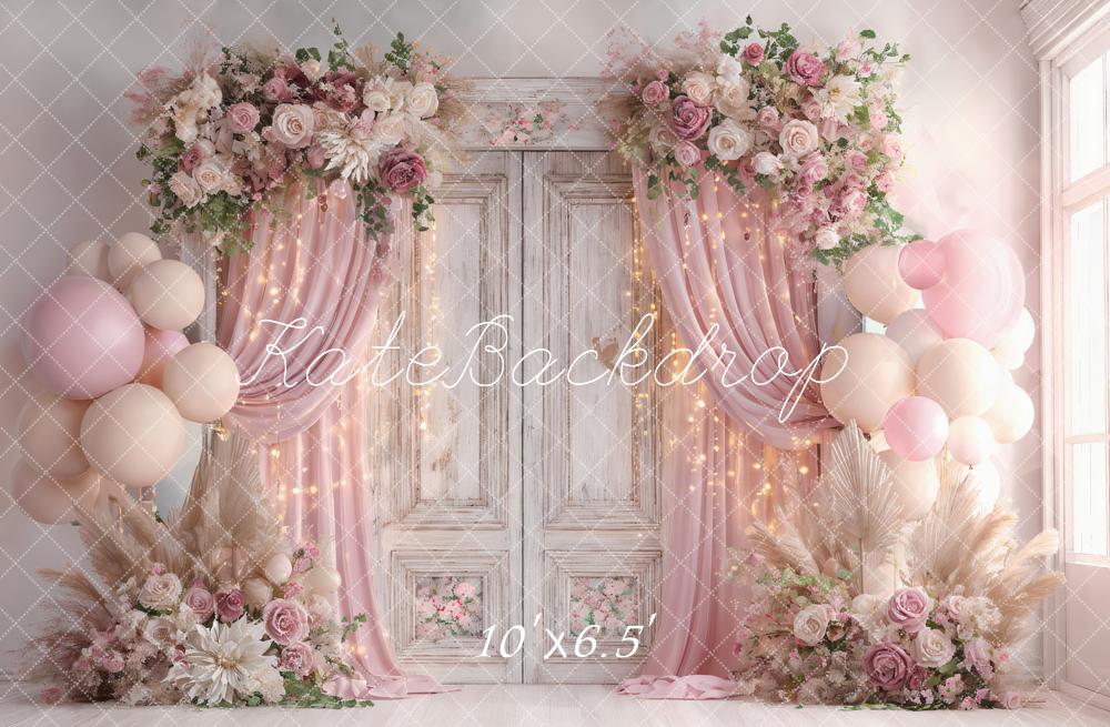 Kate Valentine Flower Balloons Drapes Vintage Doors Pink Backdrop Designed by Ashley Paul