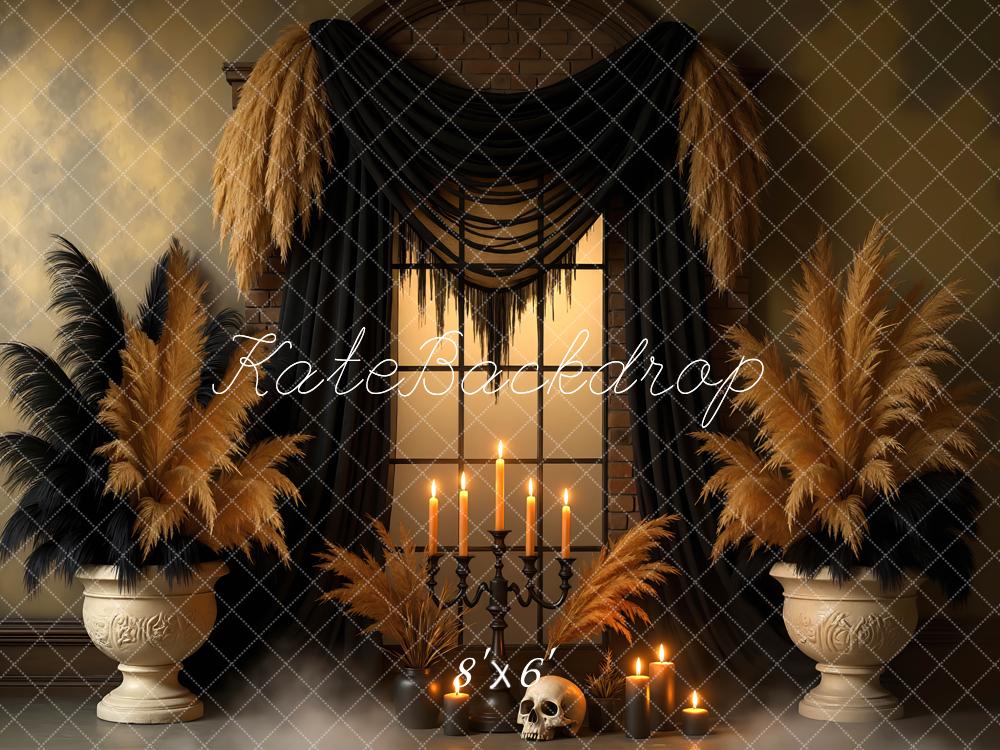Kate Halloween Boho Pampas Grass Candles Skull Window Backdrop Designed by Mini MakeBelieve