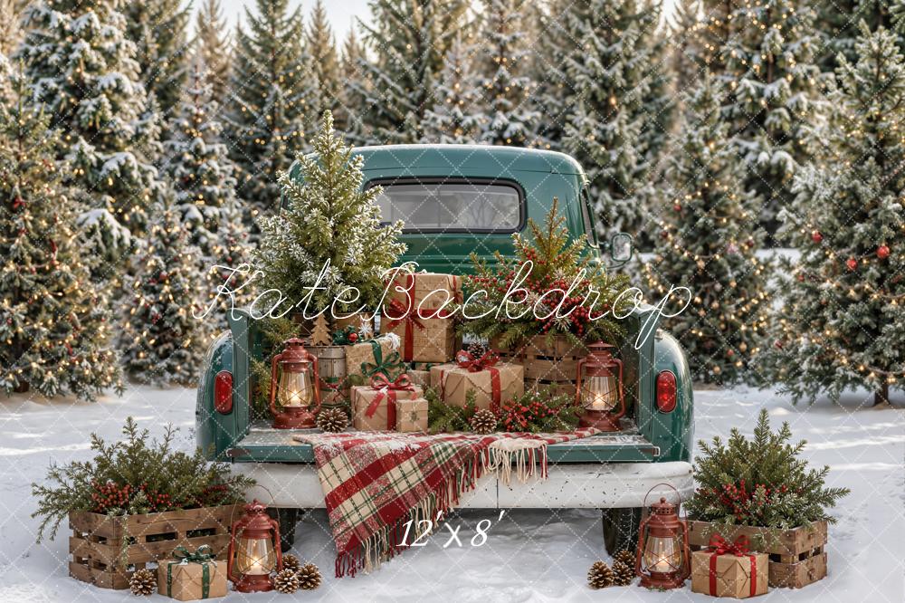 Kate Christmas Truck Gifts Pine Trees Plaid Blanket Snow Printed Backdrop Designed by Emetselch