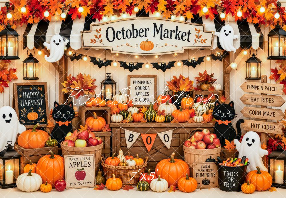 Kate Halloween Market Orange Pumpkin Ghost Cat Kids Printed Backdrop Designed by Patty Roberts