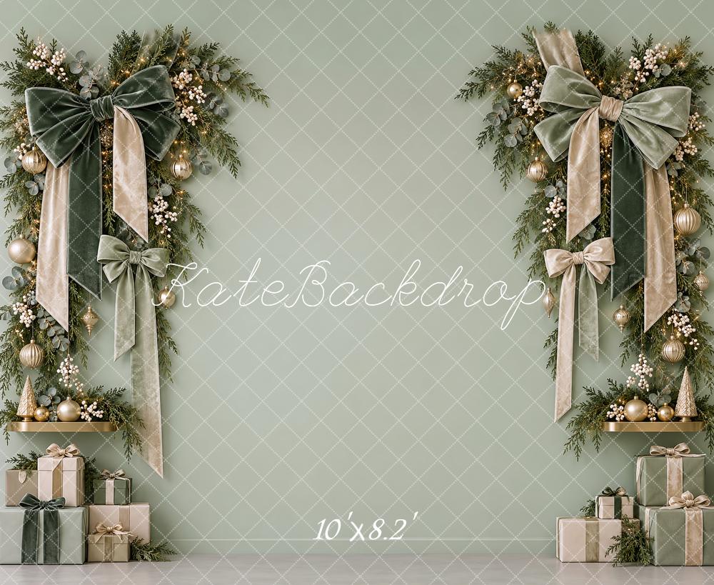 Kate Christmas Sage Green Wreath Velvet Bows Printed Backdrop Designed by Vertigo Productions