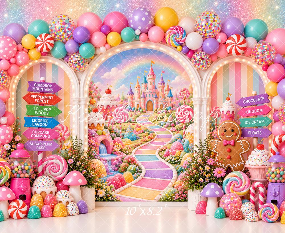 Kate Cake Smash Fantasy Candy Castle Lollipop Gingerbread Balloon Arch Printed Backdrop Designed by Ashley Paul