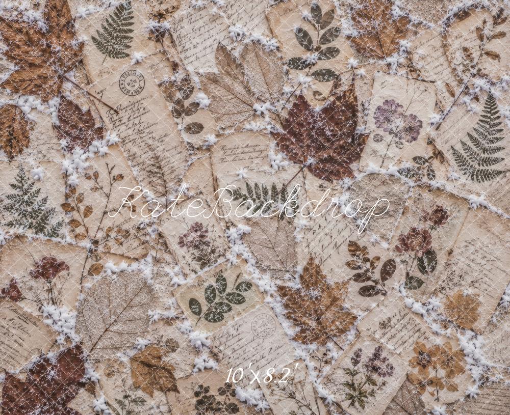 Kate Vintage Botanical Leaves Snow Ephemera Texture Floor Printed Backdrop Designed by Vertigo Productions
