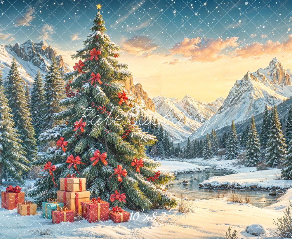 Kate Christmas Tree Mountain Snowy Gifts Backdrop Designed by Emetselch