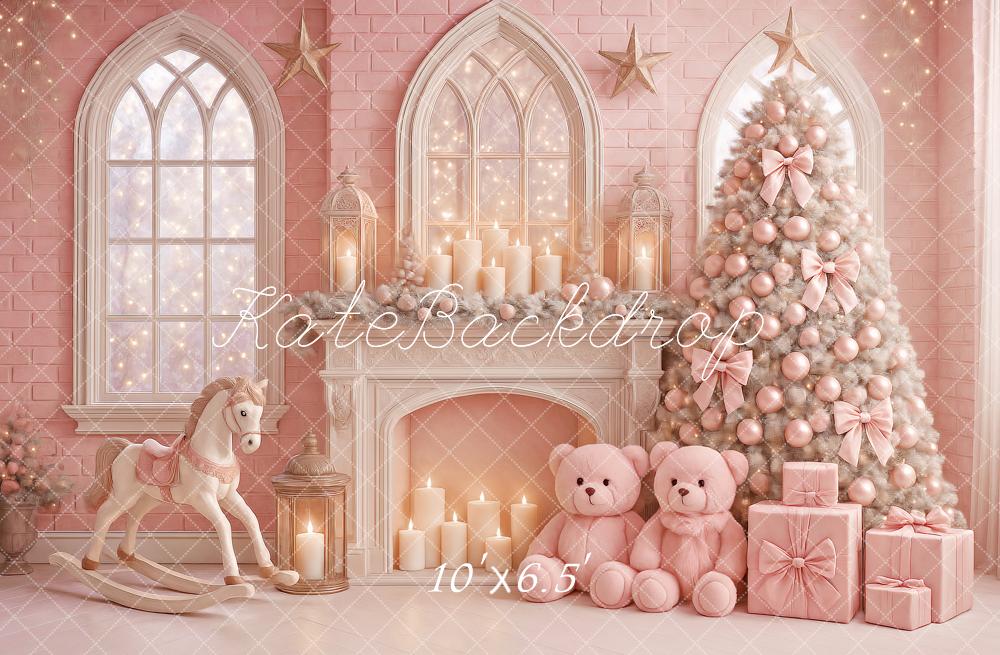 Kate Christmas Tree Fireplace Teddy Bear Pink Backdrop Designed by Ashley Paul
