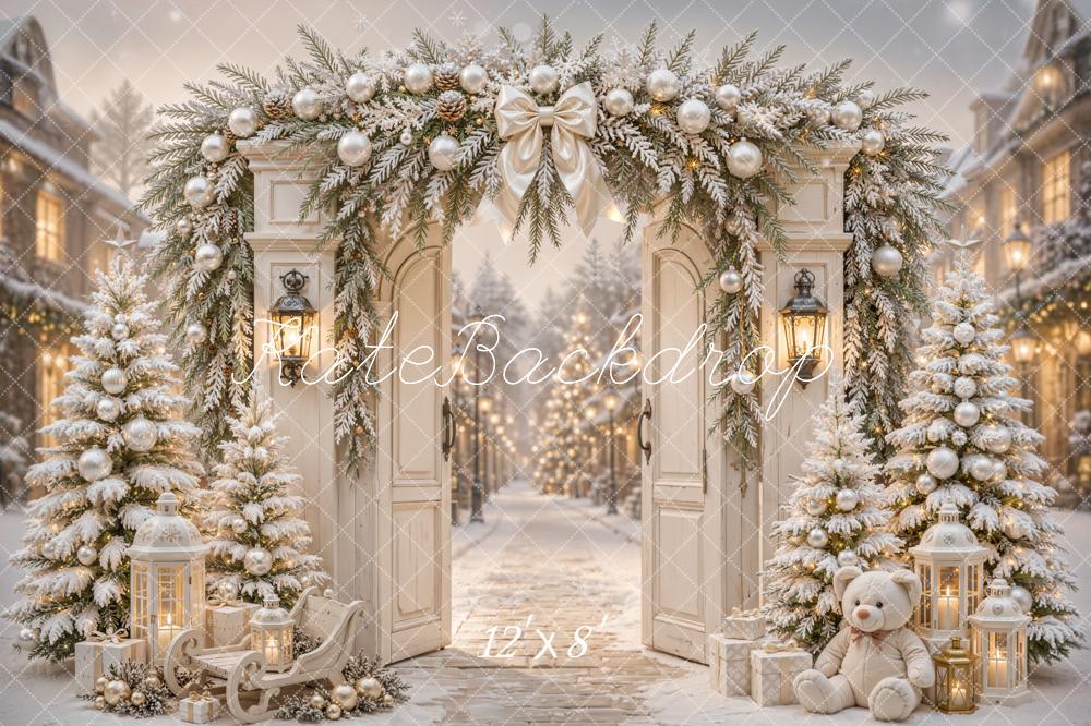 Kate Christmas Street Flower Arch Snowy Trees Lanterns Teddy Bear Printed Backdrop Designed by Emetselch