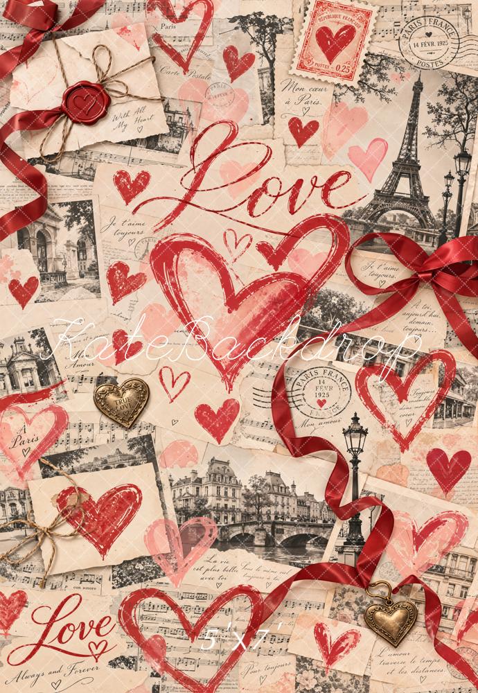 Kate Valentine's Day Newspaper Eiffel Tower Love Hearts Collage Printed Backdrop Designed by Chain Photography