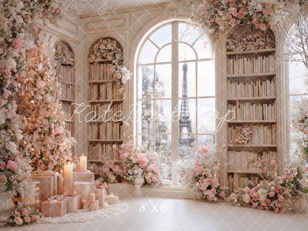 Kate Christmas Pink Floral Bookshelves Window Eiffel Tower Backdrop Designed by Ashley Paul