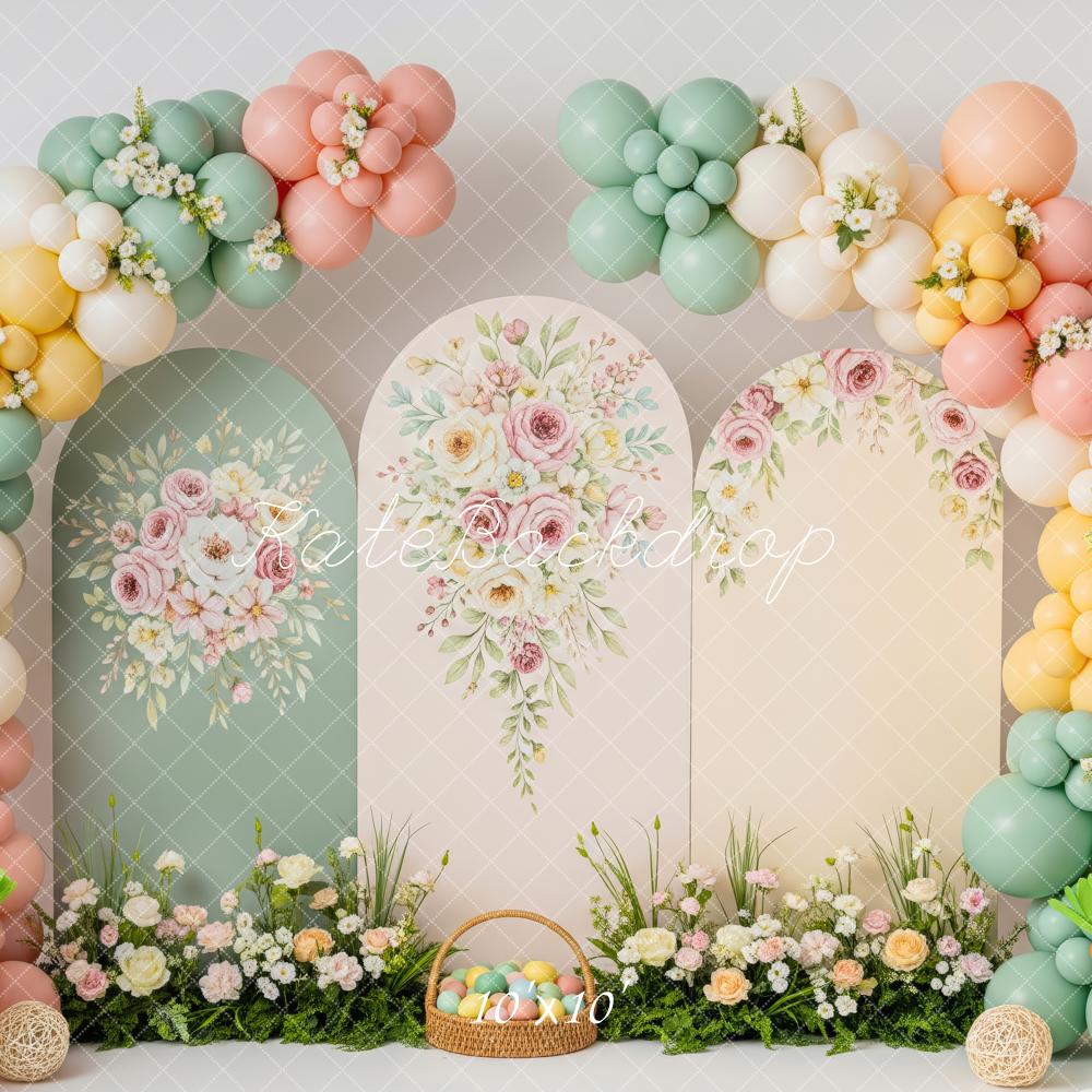 Kate Easter Bunny Flower Arch Pastel Balloons Printed Backdrop Designed by Patty Roberts