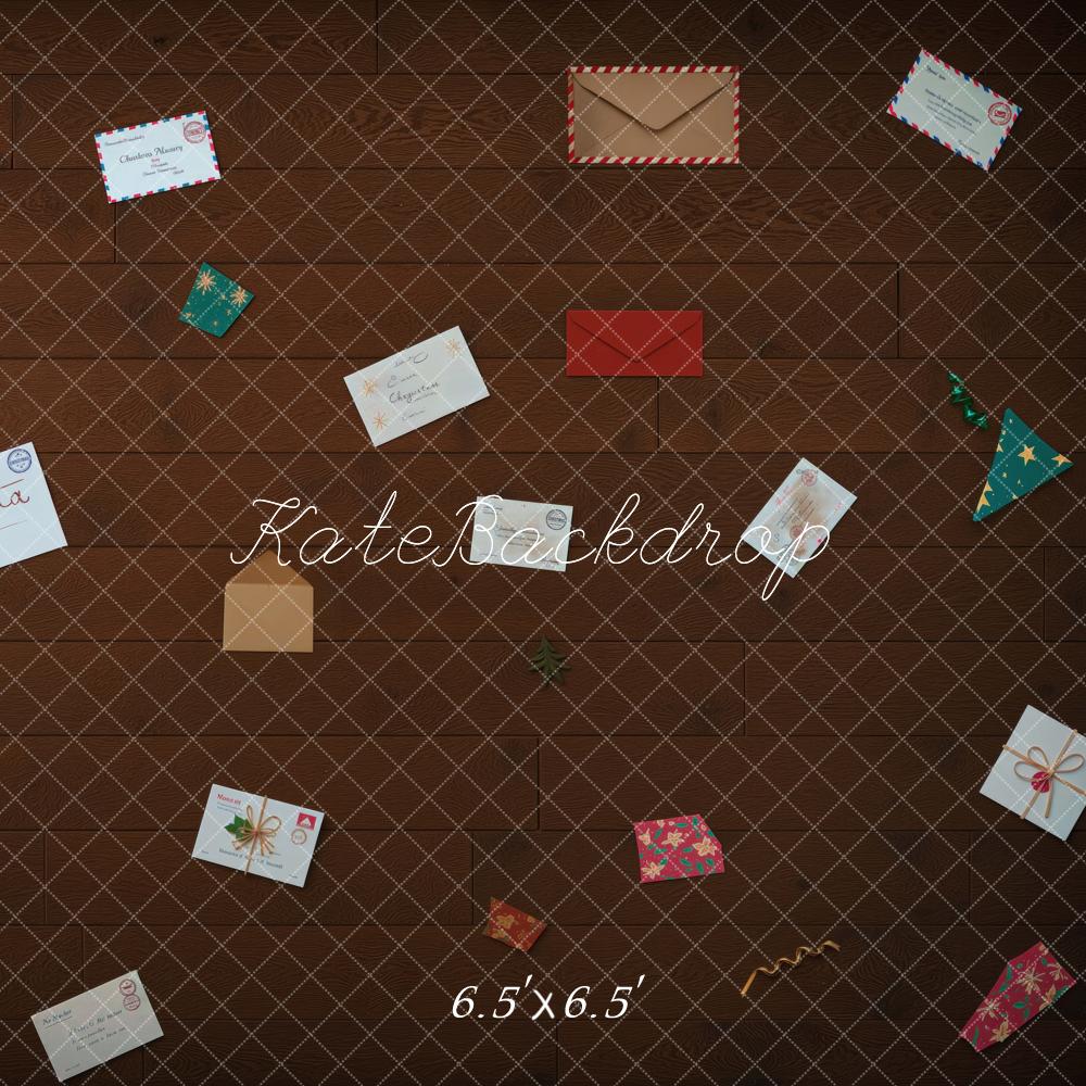 Kate Christmas Letters Envelopes And Gifts On Brown Wood Floor Printed Backdrop Designed by Mini MakeBelieve