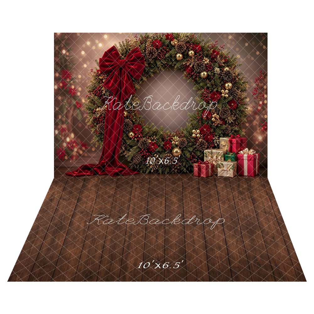 Kate Christmas Large Wreath Red Bow Presents Printed Backdrop+Brown Wood Floor Printed Backdrop