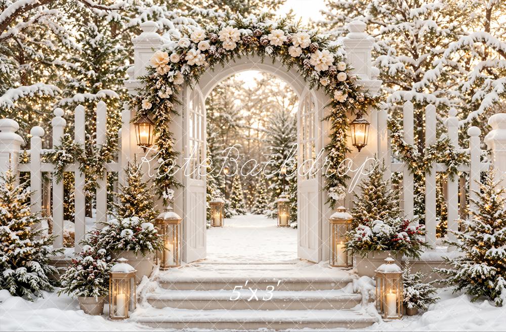 Kate Christmas Winter Flower Arch Gate Snowy Stairs Garden Fence Printed Backdrop Designed by Emetselch