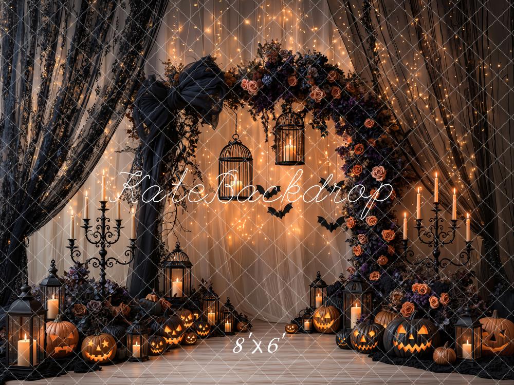 Kate Halloween Gothic Black Lace Curtains Bow Flower Arch Pumpkin Printed Backdrop Designed by Emetselch