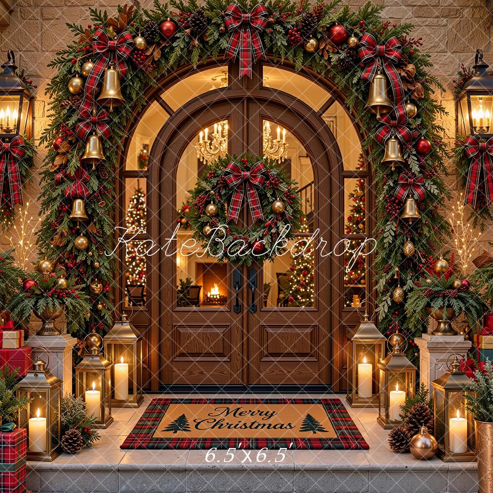 Kate Christmas Arched Doorway Garland Lanterns Brown Printed Backdrop Designed by Shutter Swan Studios