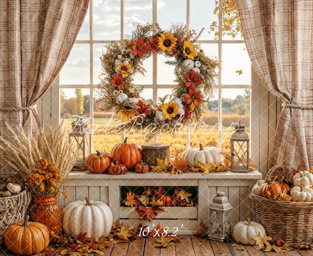 TEST Kate Fall Pumpkin Wreath Window Sunflowers Printed Backdrop Designed by Emetselch