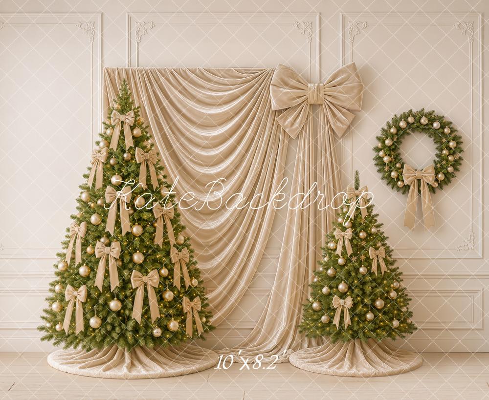 Kate Christmas Tree Gold Bow Wreath Draped Curtain Printed Backdrop Designed by Emetselch