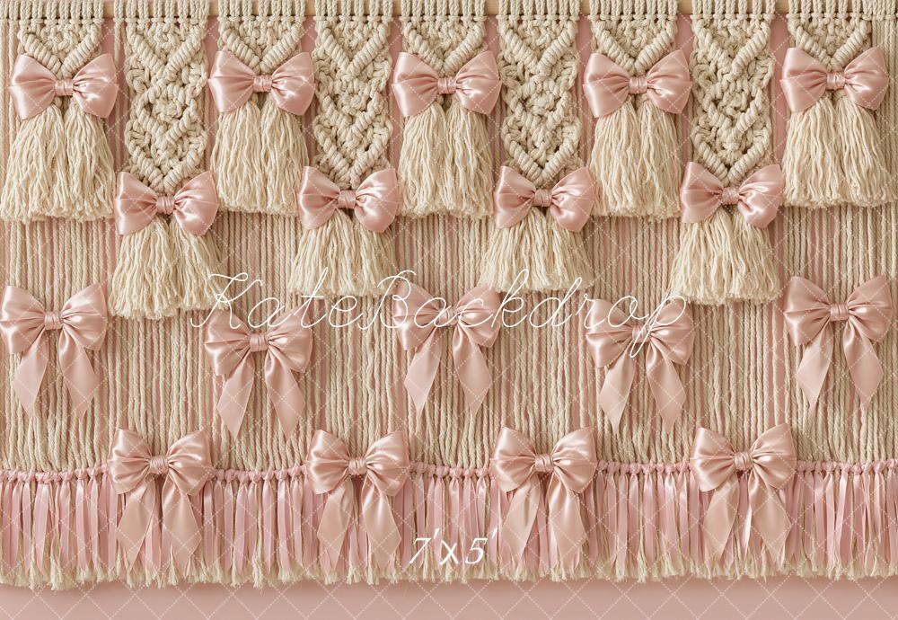 Kate Boho Satin Pink Bow Macrame Tassel Printed Backdrop Designed by Angela Miller
