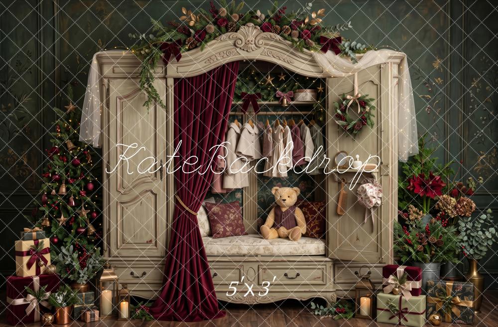 Kate Christmas Vintage Wardrobe Teddy Bear Tree Printed Backdrop Designed by Patty Roberts