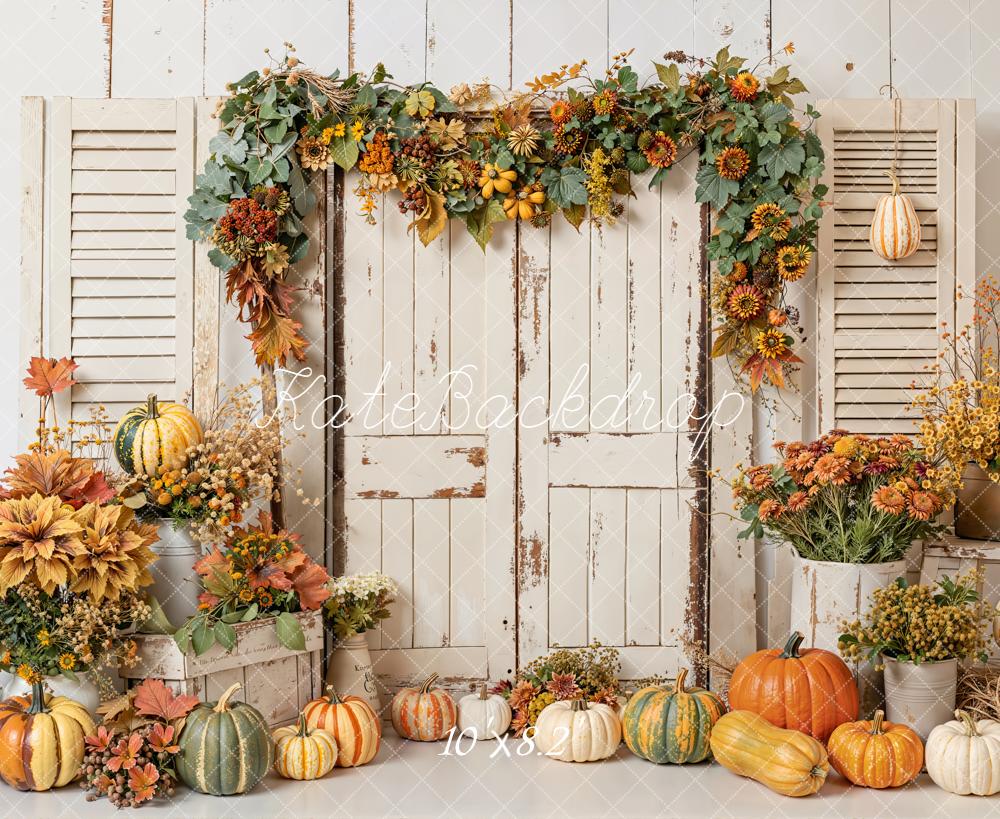 Kate Fall Pumpkins Floral White Door Leaves Backdrop Designed by Emetselch