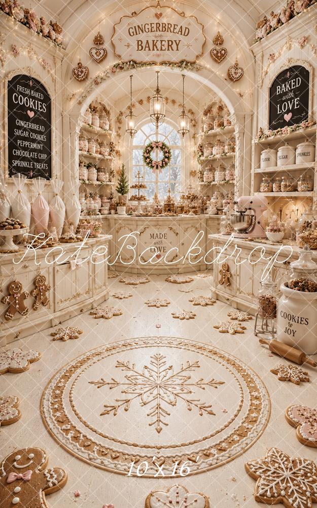 Kate Sweep Christmas Gingerbread Bakery Snowflake Printed Backdrop Designed by Caitlin Lynch