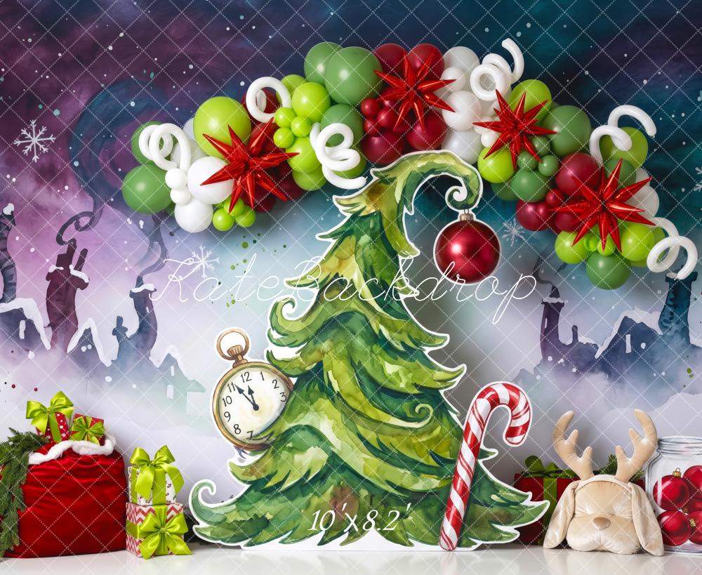 Kate Christmas Birthday Tree Whoville Balloon Garland Gifts Candy Cane Printed Backdrop Designed by Patty Roberts