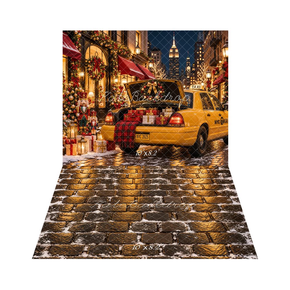 Kate Christmas Urban New York City Yellow Taxi Gifts Printed Backdrop+Winter Snowy Brick Floor Printed Backdrop