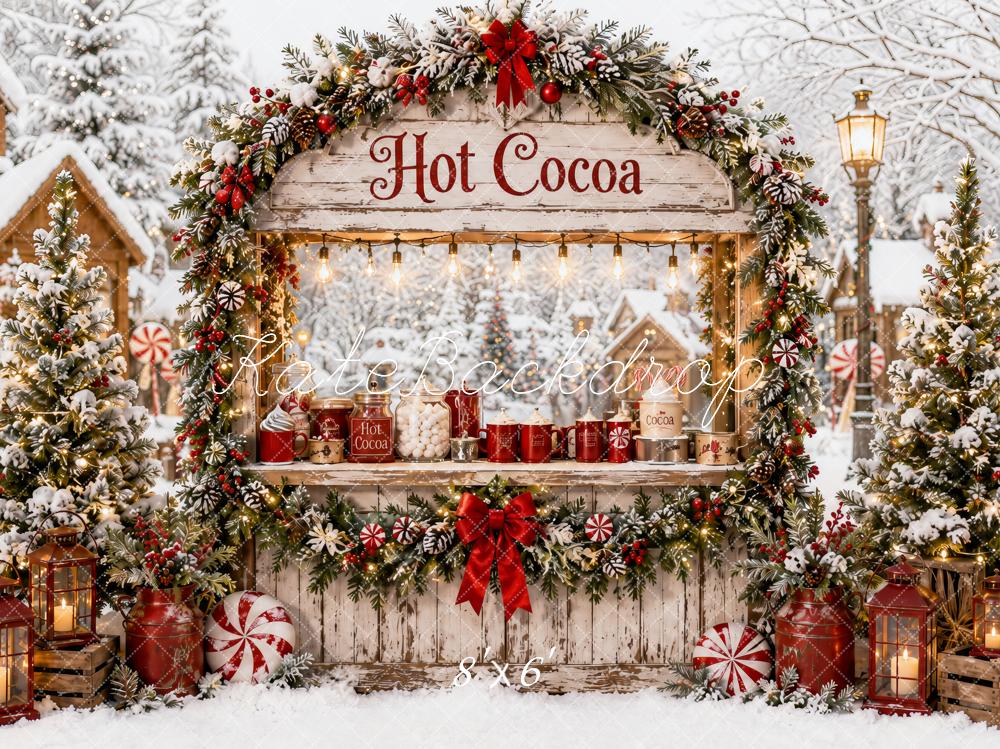 Kate Christmas Vintage Hot Cocoa Stand Snowy Village Trees Printed Backdrop Designed by Ashley Paul
