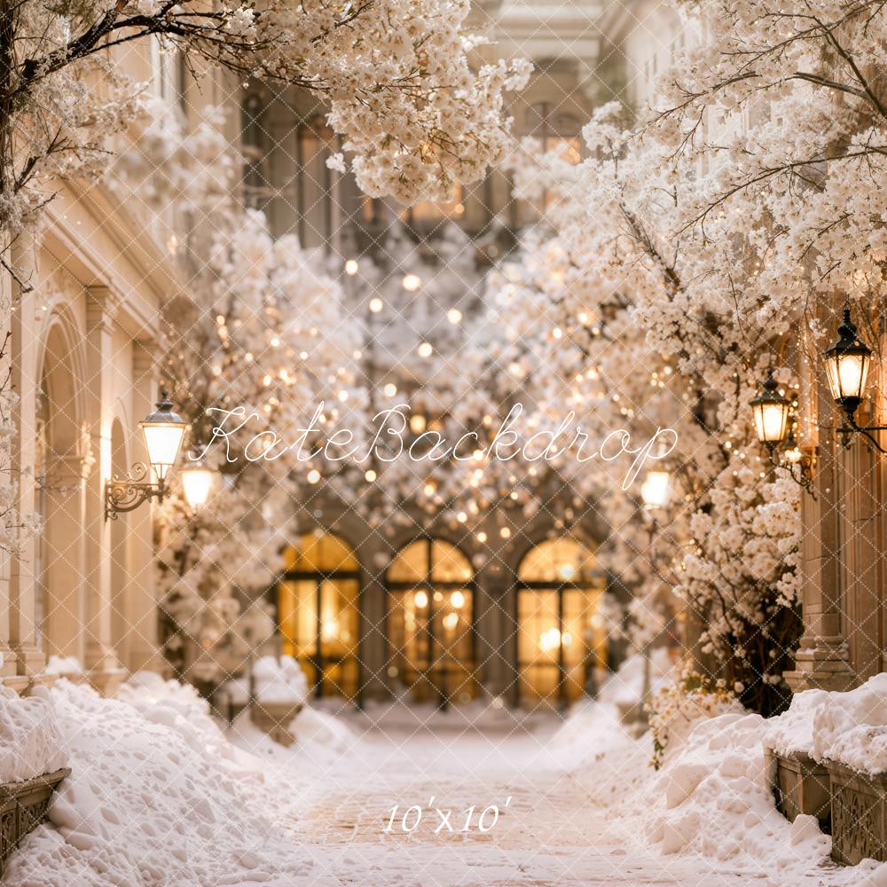 Kate Winter Snowy Cherry Blossom Alley Lanterns Printed Backdrop Designed by Emetselch