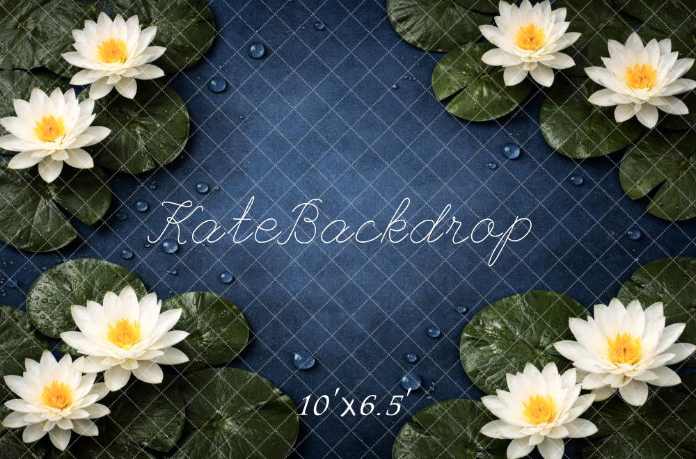 Kate Newborn White Water Lilies Lily Pads Blue Water Backdrop Designed by Megan Leigh Photography
