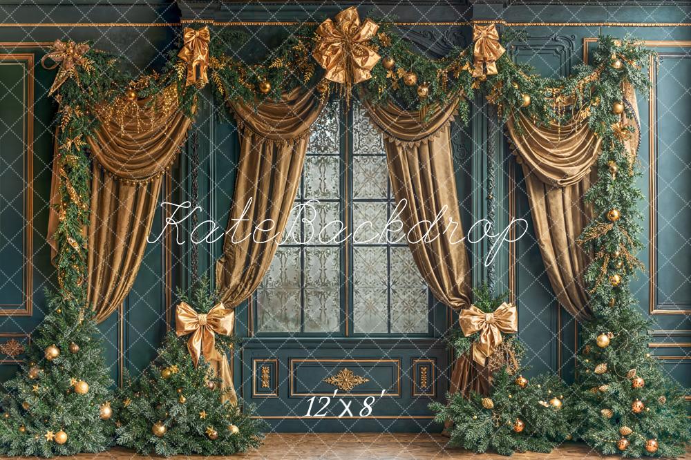 Kate Christmas Vintage Gold Garland Curtains Trees Backdrop Designed by Emetselch