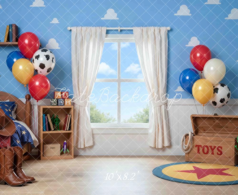 TEST Kate Cowboy Toy Bedroom Blue Cloud Wall Printed Backdrop Designed by Mini MakeBelieve