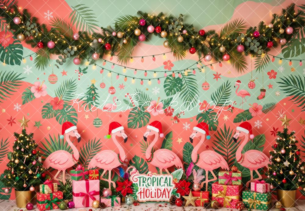 Kate Christmas Tropical Flamingo Garland Gift Boxes Printed Backdrop Designed by Patty Roberts