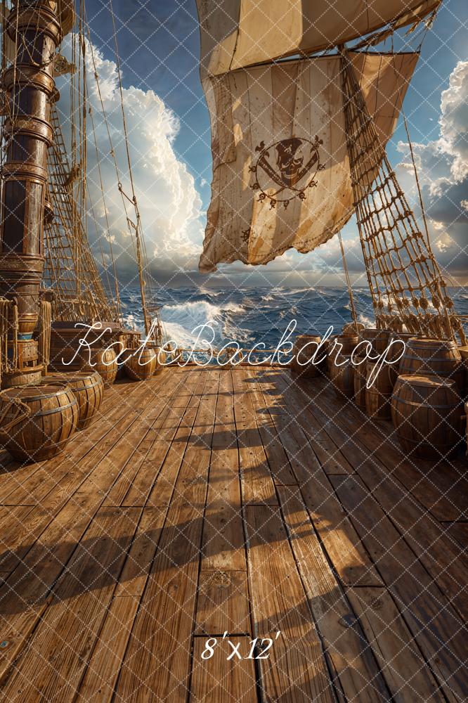 Kate Pirate Ship Deck Ocean Barrels Sails Backdrop Designed by Chain Photography