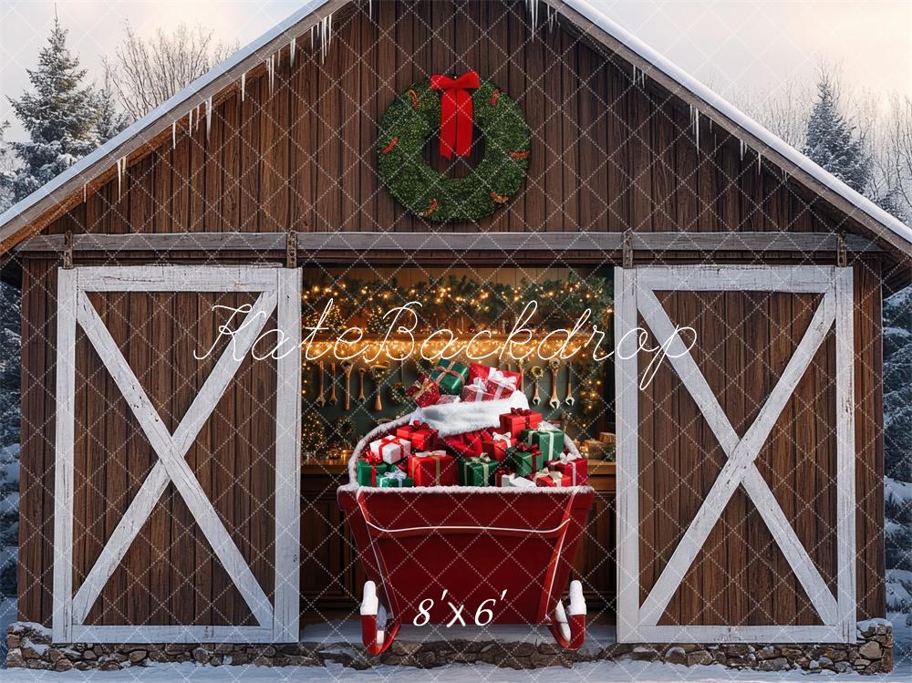 Kate Christmas Sleigh Cabin Gifts Backdrop Designed by Mini MakeBelieve