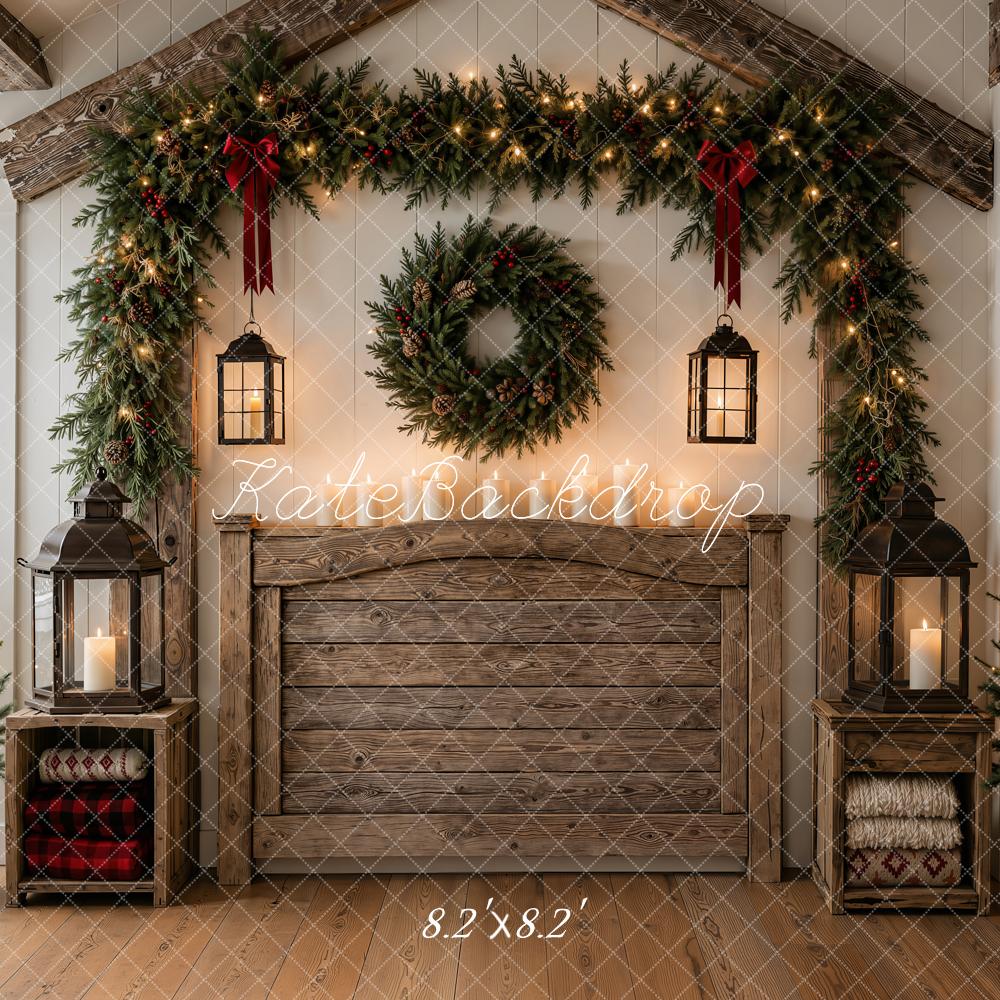 Kate Christmas Rustic Wood Headboard Garland Wreath Lanterns Printed Backdrop Designed by Emetselch