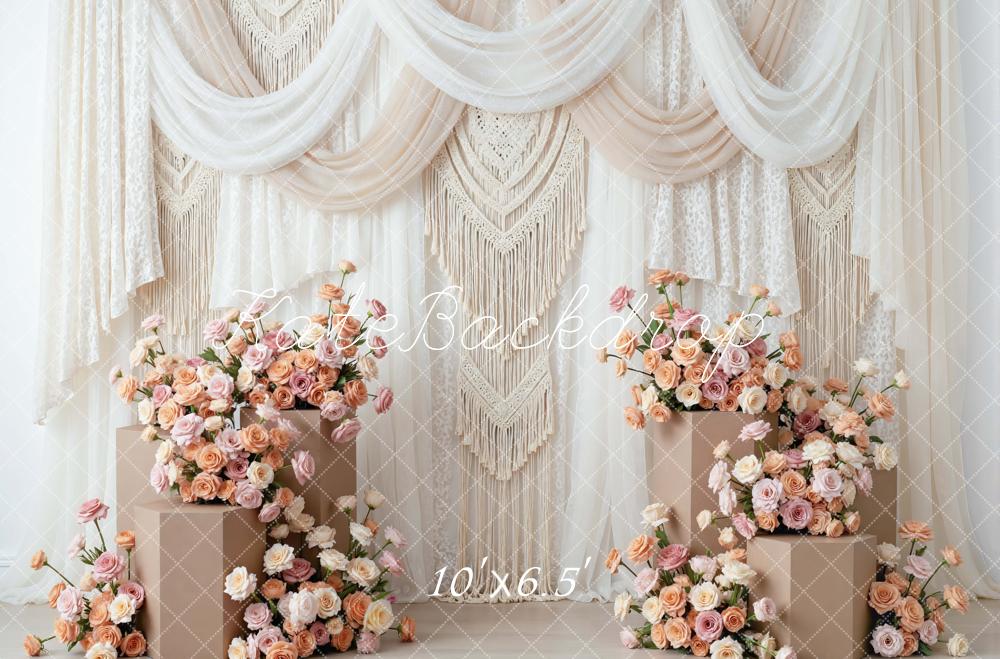 Kate Mother's Day Boho Flower Arch Macrame Beige Drapes Backdrop Designed by Mini MakeBelieve