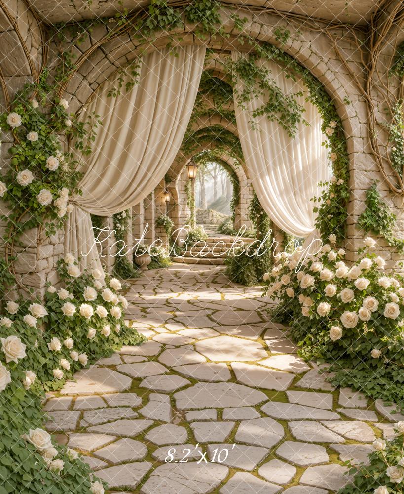 Kate Spring Stone Archway White Roses Cascading Stairs Printed Backdrop Designed by Emetselch