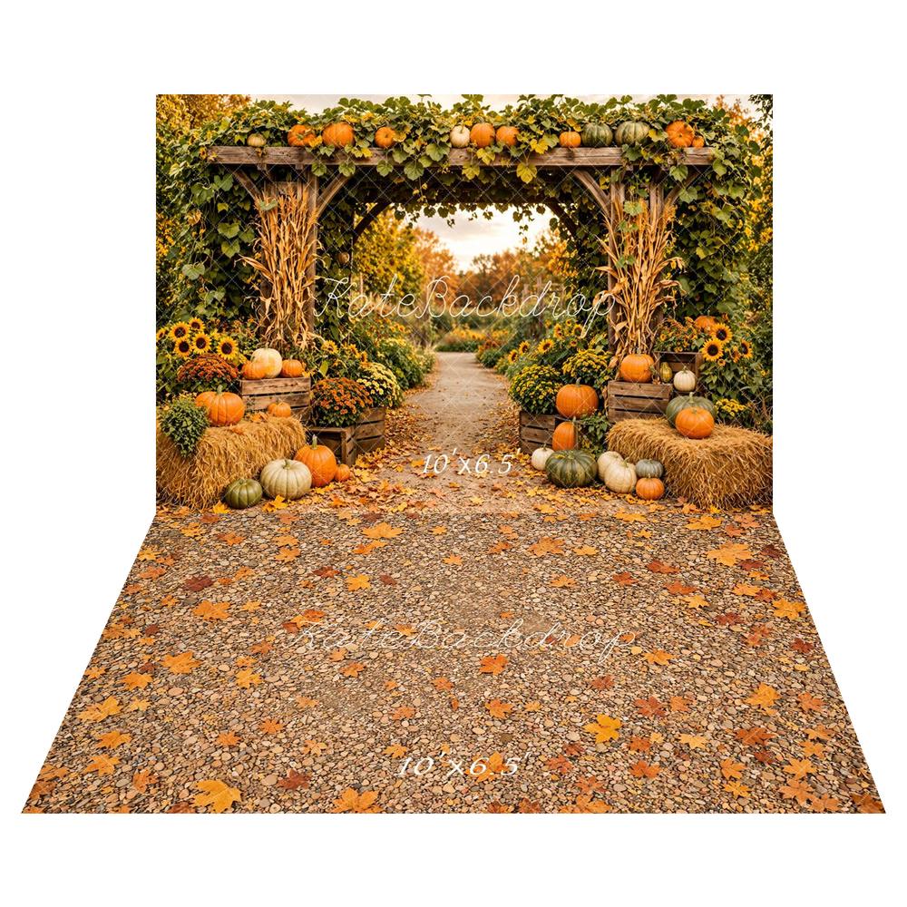Kate Fall Floral Archway Pumpkin Sunflowers Hay Bales Printed Backdrop+Fall Pebble Ground Maple Leaves Floor Printed Backdrop